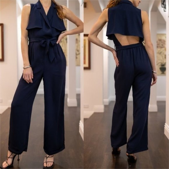 MODA ME COUTURE Pants - Navy Notched Collar Self-Tie Belted Cut-Out Back Detail Wide Leg Jumpsuit